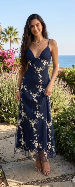 Alice + Olivia Navy Embroidered Maxi Dress XS Floral Mesh Wedding Evening Gown thumbnail 1