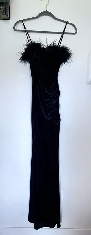 NWT Windsor Black Jaime Feather Trim Velvet Mermaid Dress Size XS thumbnail 1