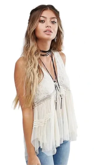 Free People On The Town Romantic Cream Beaded Sequin Sheer Lace Tank thumbnail 1