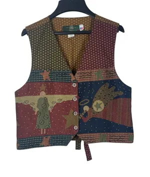 VTG Orvis 90s Tapestry Vest Womens L Made USA Patchwork Folk Angel Stars thumbnail 1