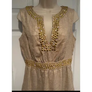 Kate‎ Spade New York Gold Metallic Linen Studded Sheath Dress NJMU1225 Womens 4 thumbnail 3