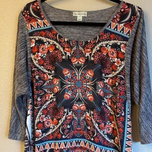 Live and Let Live Large Boho Gray Brown Rust Floral High Low Tunic Blouse thumbnail 3