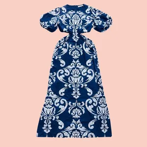 Abercrombie & Fitch Dress XS Blue Waist Cutout Damask Puff Sleeve Maxi Midi Boho thumbnail 2