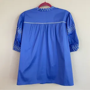 Chico's Poplin Drama Sleeve Top with White‎ Stitching Embroidery Size 12 thumbnail 6