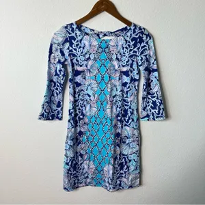 Lilly Pulitzer Blue Floral Printed Mini‎ Dress 3/4 Sleeves Boatneck Women’s XXS thumbnail 4