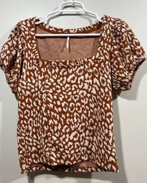 Free People Rust and White Leopard Puff Sleeve Square Neck Top Medium thumbnail 1
