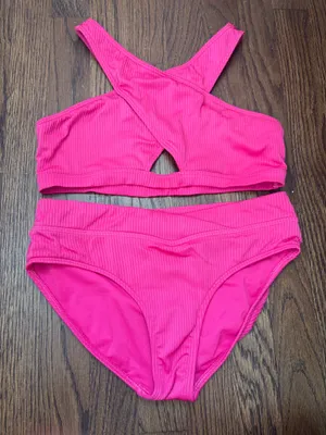Abercrombie & Fitch Swim | Abercrombie Kids Girls Pink Ribbed Bikini Set 2 Piece Cross Neck Cutout thumbnail 1