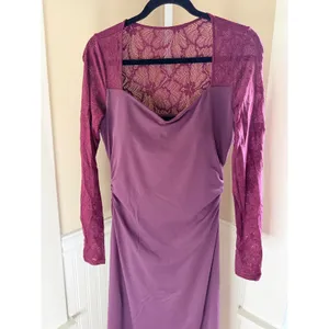 NWT Halara Purple Lace Sleeve Cowl Neck Ruched Midi Dress Size M thumbnail 9