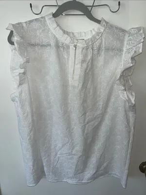Loft White Eyelet Ruffle Sleeve Women's Top XL NWT thumbnail 1
