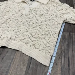 Cream crochet knit collared pointelle sweater Size M thumbnail 3