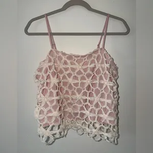 Anthropologie NWT HEYSON Lyla Floral Crochet Lace Barbiecore Tank Top cream/pink size small thumbnail 9