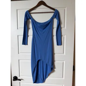Indah Body Blue Raquel Ribbed Off Shoulder Asymmetric Midi Dress Small Y2K thumbnail 2