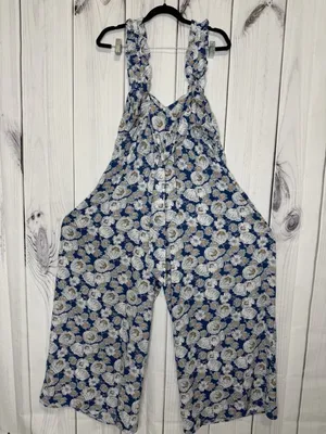 KORI Floral Maxi Jumpsuit Blue White Sleeveless Sz L Ruffle Straps Back Sash Tie thumbnail 5