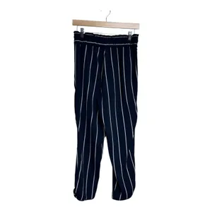 Zara Woman Striped Cropped Pants‎ M Navy Blue White Drawstring Elastic Waist thumbnail 3