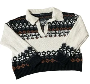 Marled Fair Isle Polo Sweater Women Size S White Black Brown Knit V-Neck Slv thumbnail 1