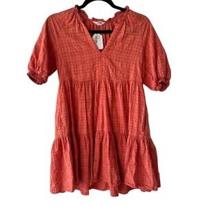 BB Dakota Hustle and Glow Tiered Mini Dress Coral Plaid V-Neck XS thumbnail 3