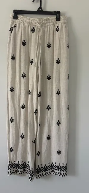 Zara Off White Black Linen Blend Geometric Boho French Countryside Casual Pants thumbnail 1