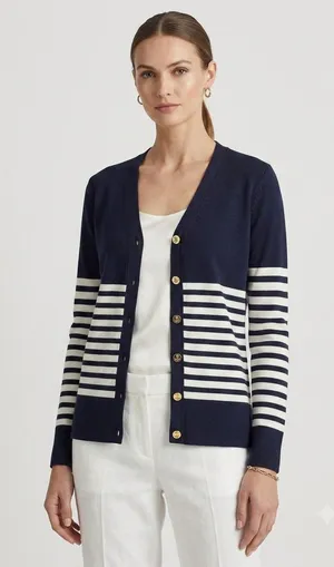 Lauren Ralph Lauren Navy Striped Silk Blend Cardigan Gold Button Petite S thumbnail 1