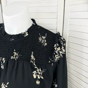 J. Crew Floral Smocked Ruffle Trim Blouse Black‎ Tan Large thumbnail 5