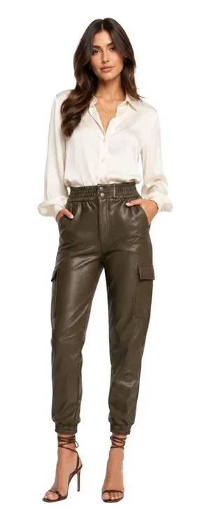 Abercrombie & Fitch Faux Brown Leather Cargo High Rise Jogger Pants Size L NWT thumbnail 1