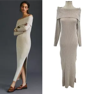 Anthropologie Off-The-Shoulder Sweater Midi Dress Cream‎ Beige Tan Size XL thumbnail 2