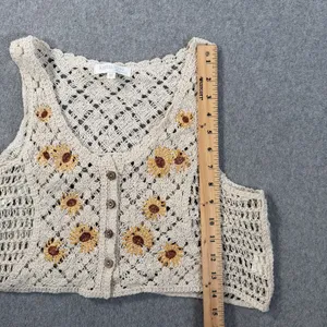 REBELLION again Women's Medium Crochet Vest Beige Sunflower Button Front Boho thumbnail 4