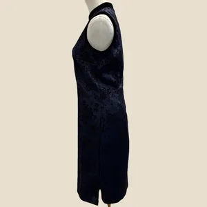 VTG 90s CDC Navy Blue Black Flocked‎ Velvet Floral Mandarin Collar Midi Dress 10 thumbnail 3