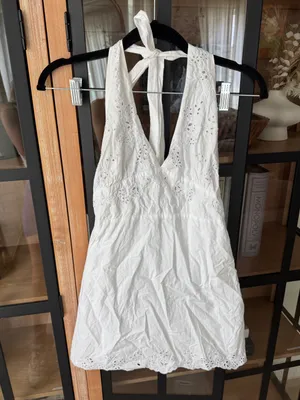 Zara eyelet mini dress embroidered halter neck adjustable open back vneck thumbnail 2