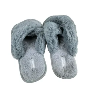 Spesoul Gray Fuzzy‎ Soft Slide-On Crisscross Open Toe Slippers Size L thumbnail 3