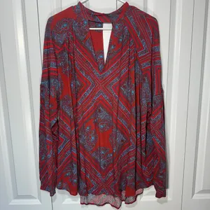 Free People Walking On A Dream Tunic Red Geometric Keyhole Large Western Boho thumbnail 2