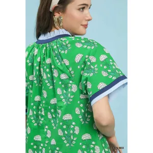 Umgee Printed Split Neck Short Sleeve Shift Dress - Green Mix - Medium thumbnail 6