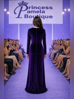 #678 Purple Velvet deep v neckline. Faux wrap-style maxi dress thumbnail 2