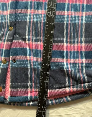 Modern Pink Blue Plaid Sherpa Lined Button Down Flannel Shirt Jacket thumbnail 14