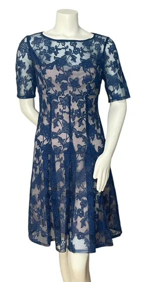 Adrianna Papell Lace Dress Illusion Lace Fit‎ and Flare Short Sleeve Sz 6 Floral thumbnail 1