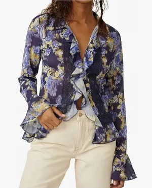 Free People Bad At Love Floral Printed Ruffle Boho blouse Women’s Size Small thumbnail 1