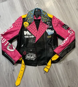 Colorful‎ Studded Leather Jacket Pink Size L thumbnail 1