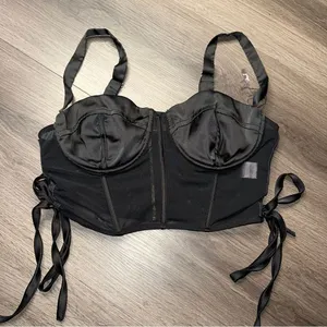 Windsor Black Mesh Satin Corset Crop Womens Top Adjustable medium thumbnail 1