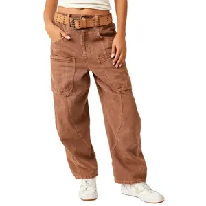 Free People We The Free New School Warm Brown Relaxed Straight Leg Cargo Jeans thumbnail 3