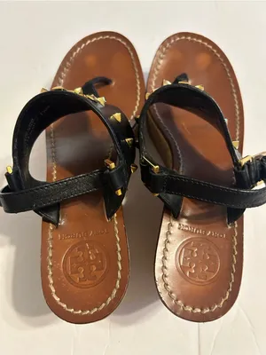 Tory Burch Black Leather Studded Thong Sandals with Gold Emblem thumbnail 3