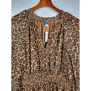 Old Navy Womens Dress Size S Tall Brown Chiffon Leopard Print V-neck Smocked NEW thumbnail 6