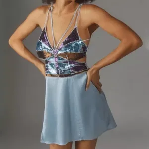 NWOT Urban Outfitters Butterfly Sequin Strappy Satin Mini Dress Size XS thumbnail 2