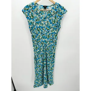 Halogen Blue Green Floral Cap Sleeve Ruched Waist Midi Dress HA469372MI Womens S thumbnail 10