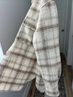H&M Neutral Cream Tan Plaid Button Down Oversized Shacket Small thumbnail 5