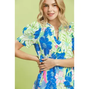 Umgee Floral Puff Sleeve Tiered Mini Dress - Blue Mix - Small thumbnail 4
