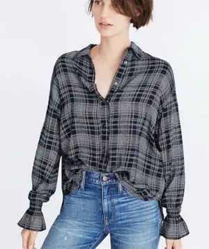 Madewell Black Gray Plaid Westward Bell Sleeve Wool Shirt Small thumbnail 1