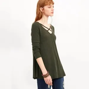 Army Green Crisscross Double V Neck Ribbed T-shirt thumbnail 4