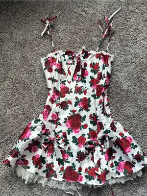 Sugar Thrillz White Floral Rose Mini Dress with Red & Pink Roses thumbnail 1
