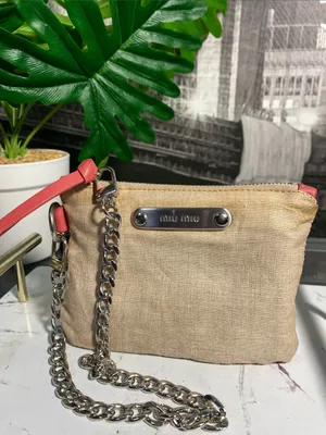 Authentic Miu Miu Beige Linen Pouch with Coral Trim thumbnail 3