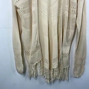 Wild Pearl Open Cardigan with fringe boho cotton crochet design Large cream thumbnail 5