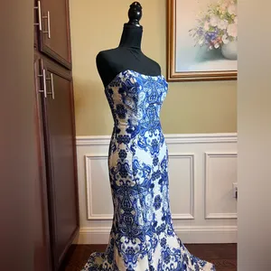 Terani Couture Glamour Strapless Blue&White Porcelain Print Mermaid Gown Formal thumbnail 5